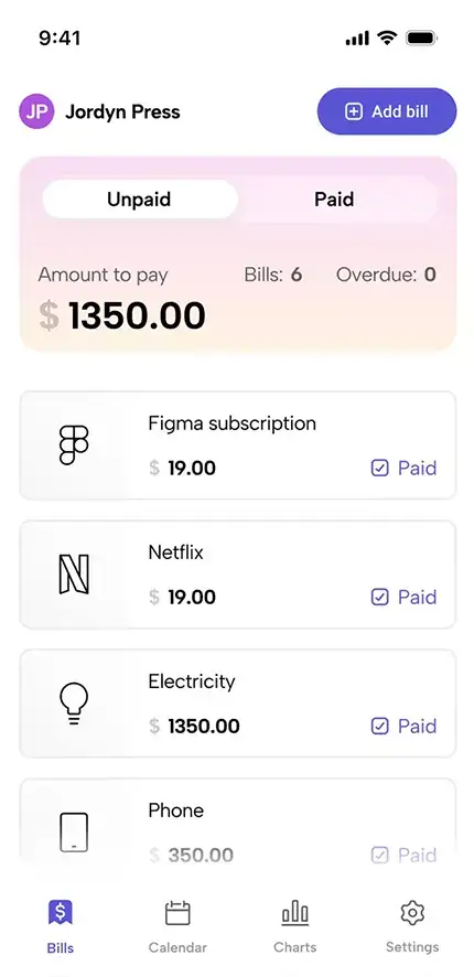 Bill Organizer - Mobile Financial App UI