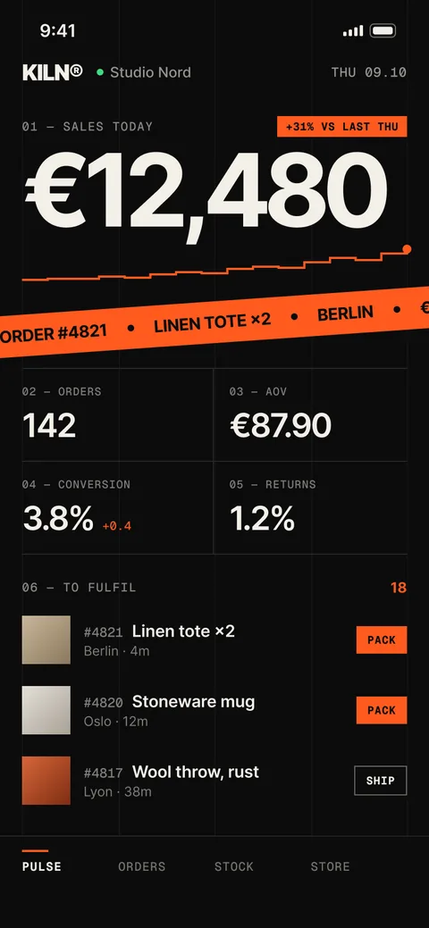 Kiln - e-commerce sales and order fulfilment mobile app UI
