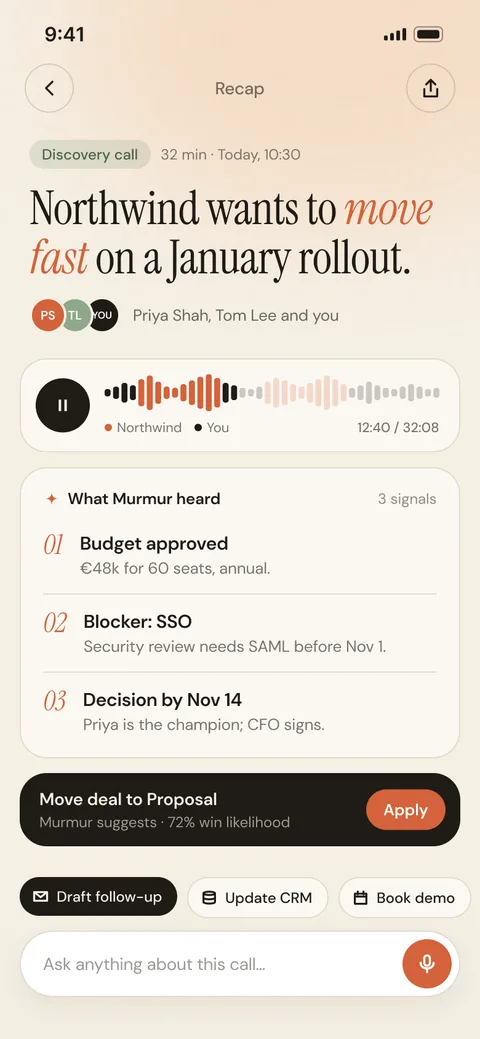 Murmur - AI sales call recap mobile app UI
