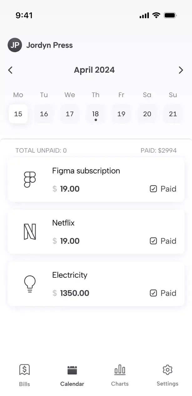 Preview of Mobile Bill Organizer App