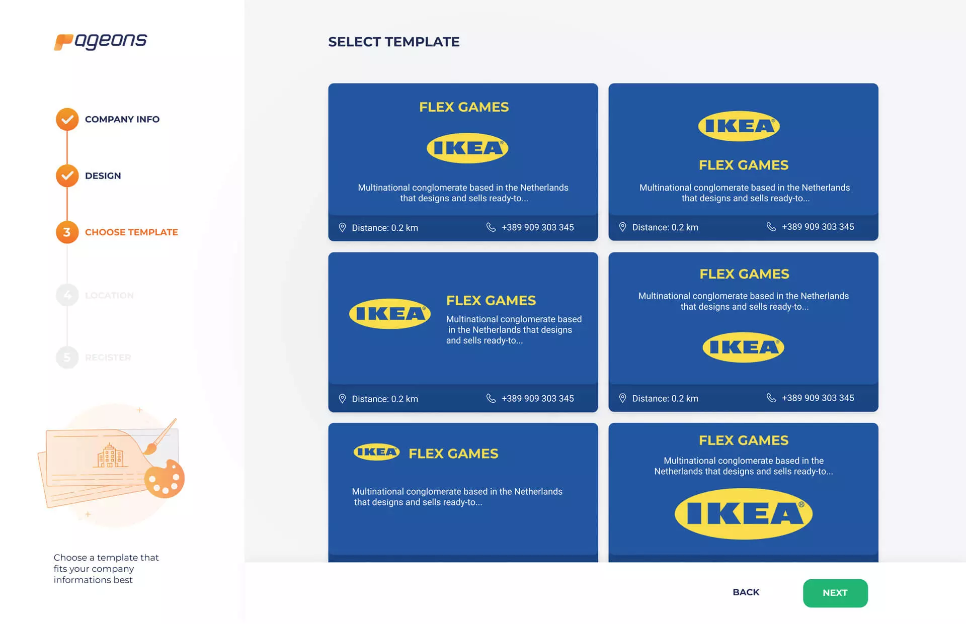 Template selection screen for promotional card layouts