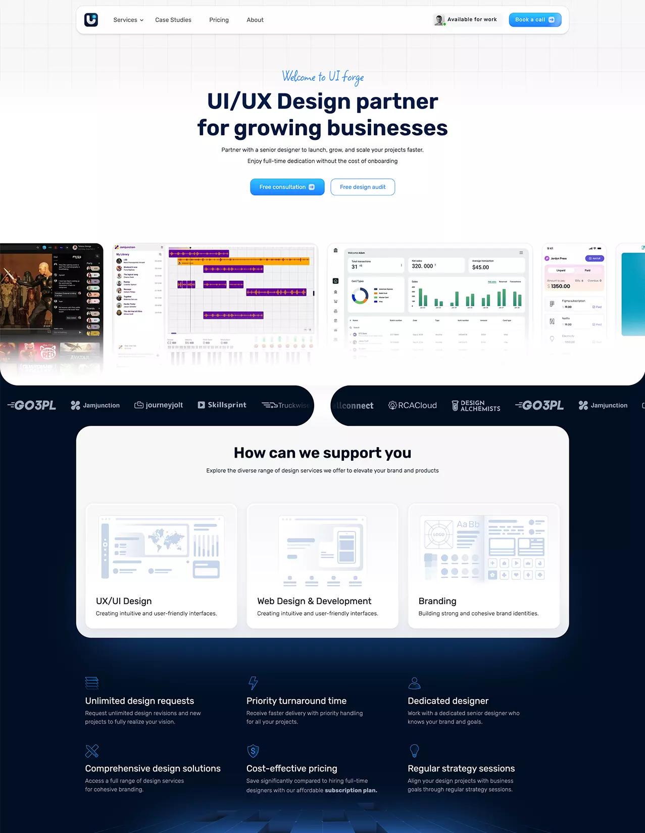 Screenshot of UI Forge landing page showcasing design services and elements