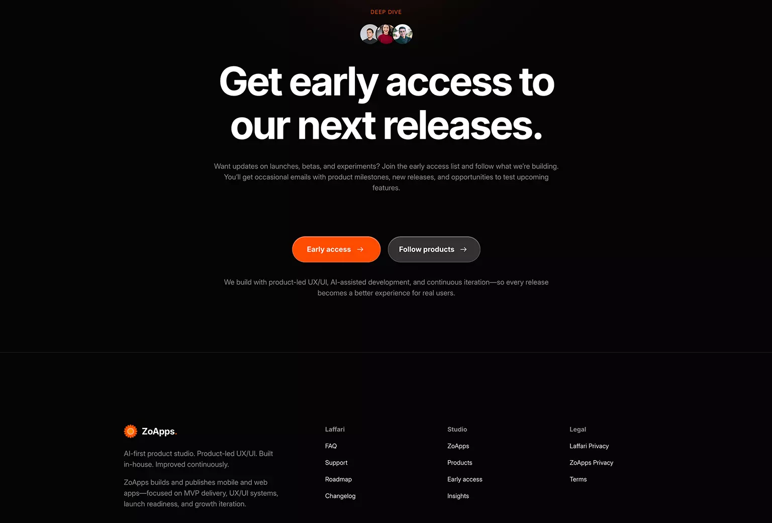 ZoApps team and company profile section on landing page